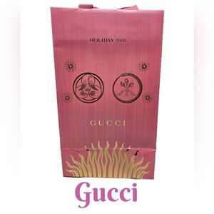Gucci Pink Gift Bag With Gold Lettering Ribbon Handle & Tie At Top 2018 Holiday